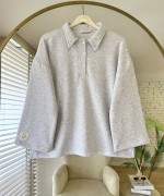 Polo Yaka Armalı Sweatshirt Gri Melanj