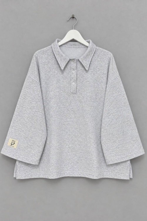 Polo Yaka Üç İplik Sweatshirt Gri Melanj