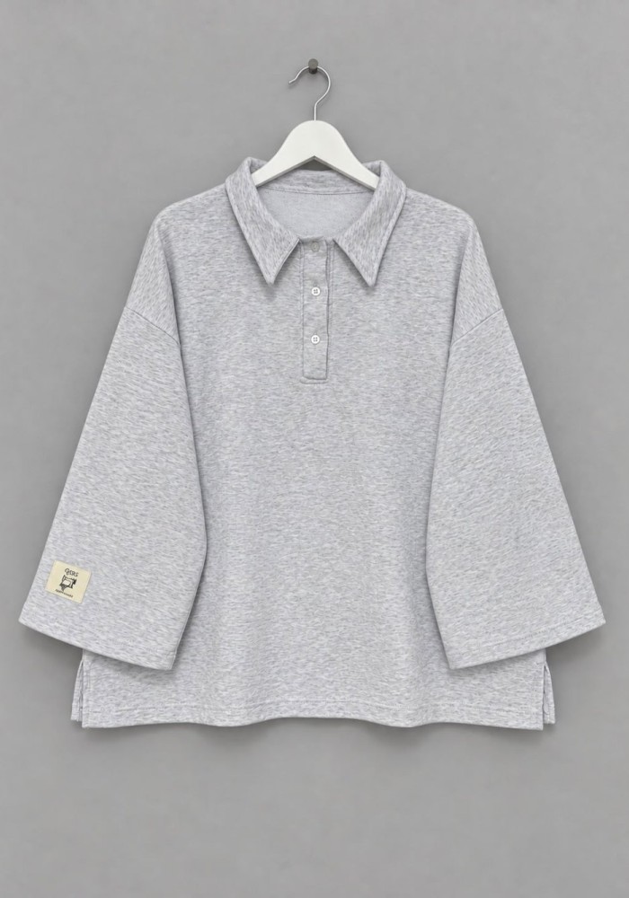 Polo Yaka Üç İplik Sweatshirt Gri Melanj