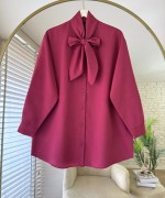 Yakası Bağcıklı Oversize Gömlek Bordo