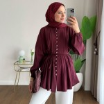 Brit Düğmeli Nervürlü Gömlek Bordo
