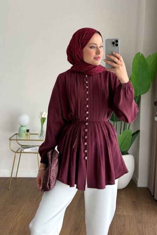 Brit Düğmeli Nervürlü Gömlek Bordo