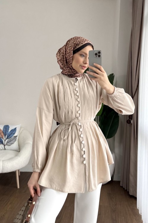 Brit Düğmeli Nervürlü Gömlek Bej