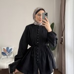Brit Düğmeli Nervürlü Gömlek Siyah