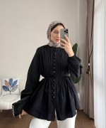 Brit Düğmeli Nervürlü Gömlek Siyah