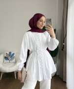 Brit Düğmeli Nervürlü Gömlek Beyaz