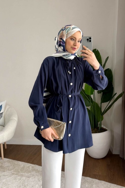 Yaka Bağcıklı Salaş Tunik Lacivert