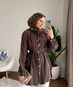 Yaka Bağcıklı Salaş Tunik Kahverengi
