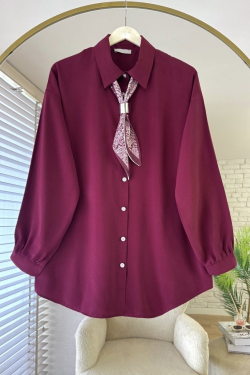 Fularlı Basic Gömlek Bordo