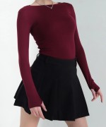 Kayık Yaka Parmak Geçmeli Body Bordo