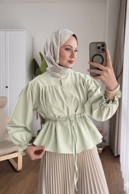 Beli Tünelli Kısa Gömlek Açık Yeşil