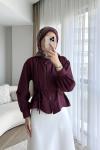 Omuzu Pileli Oversize Kısa Gömlek Bordo