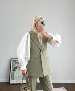 Tek Düğmeli Yelekli Takım Yeşil