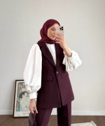 Tek Düğmeli Yelekli Takım Mürdüm