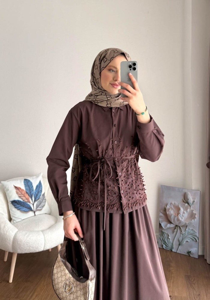 Sarmaşık Etekli Takım Koyu Kahverengi