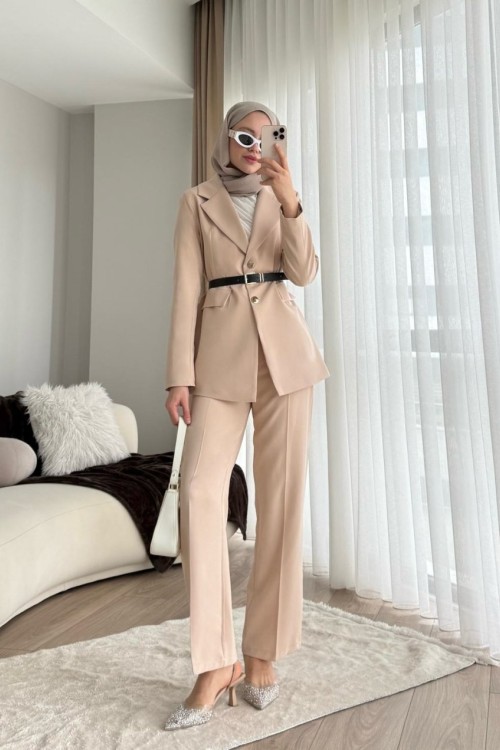 Double Ceketli Takım Bej
