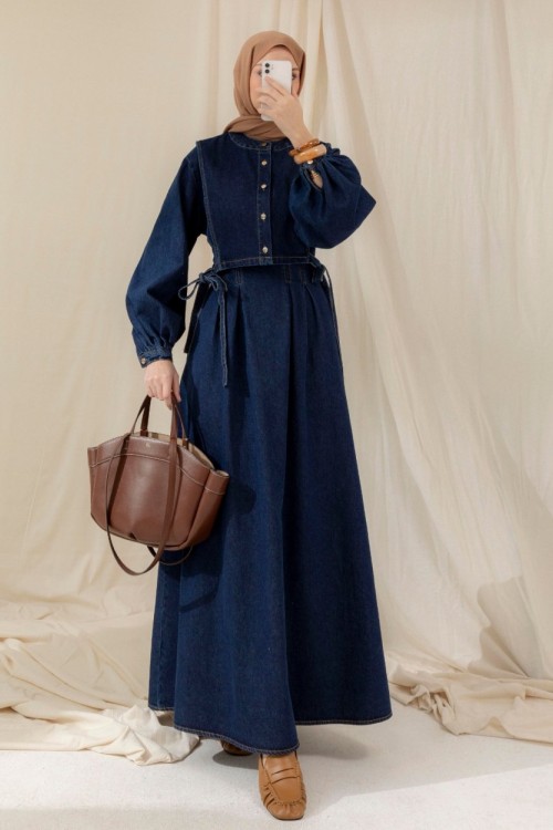Yelekli Denim Elbise Lacivert
