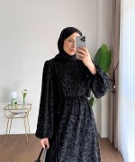Balon Kol Floklu Elbise Siyah