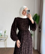 Balon Kol Floklu Elbise Acı Kahve