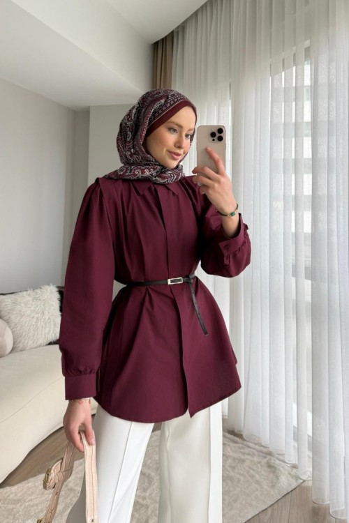 Volanlı Poplin Gömlek Bordo