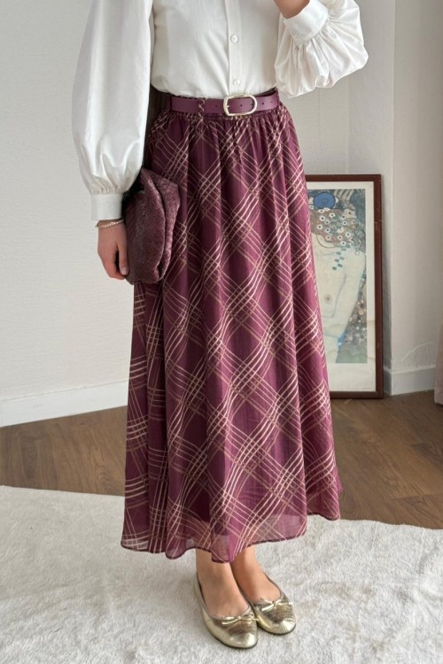 Desenli Şifon Etek Bordo