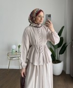 Nervürlü Etekli Takım Bej