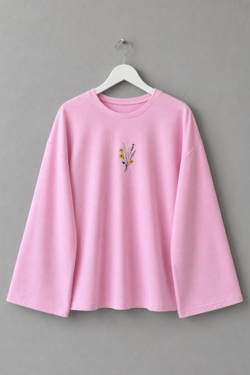 Nakışlı Salaş Sweatshirt Pembe