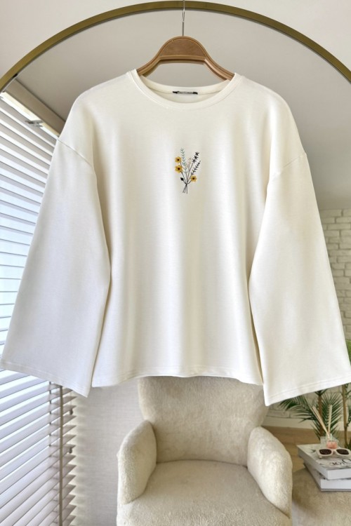 Nakışlı Salaş Sweatshirt Ekru