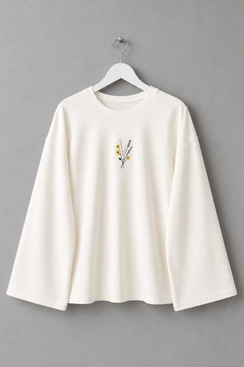 Nakışlı Salaş Sweatshirt Ekru