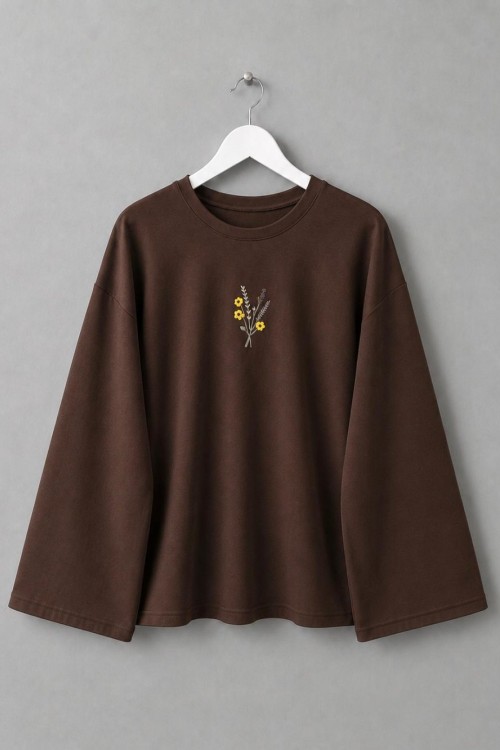 Nakışlı Salaş Sweatshirt Kahverengi