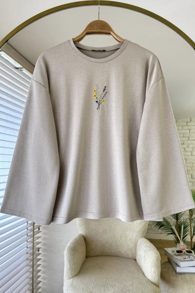 Nakışlı Salaş Sweatshirt Bej