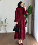 Balon Kol Floklu Elbise Bordo