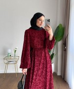 Balon Kol Floklu Elbise Bordo