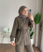 Taş Düğmeli Modal Takım Haki