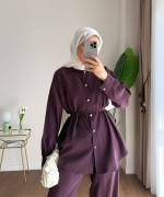 Taş Düğmeli Modal Takım Mürdüm