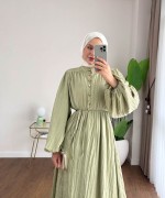 Asimetrik Fırfırlı Piliseli Elbise Yeşil