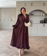 Asimetrik Fırfırlı Piliseli Elbise Mürdüm