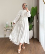 Asimetrik Fırfırlı Piliseli Elbise Ekru