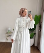 Asimetrik Fırfırlı Piliseli Elbise Ekru