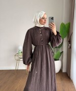 Asimetrik Fırfırlı Piliseli Elbise Kahverengi