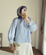 Yakası Bağcıklı Kısa Poplin Gömlek Mavi