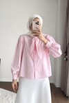Yakası Bağcıklı Kısa Poplin Gömlek Pembe