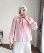 Yakası Bağcıklı Kısa Poplin Gömlek Pembe