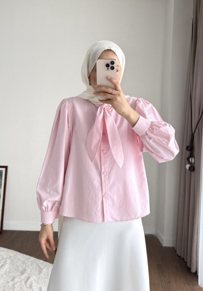 Yakası Bağcıklı Kısa Poplin Gömlek Pembe