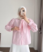Yakası Bağcıklı Kısa Poplin Gömlek Pembe