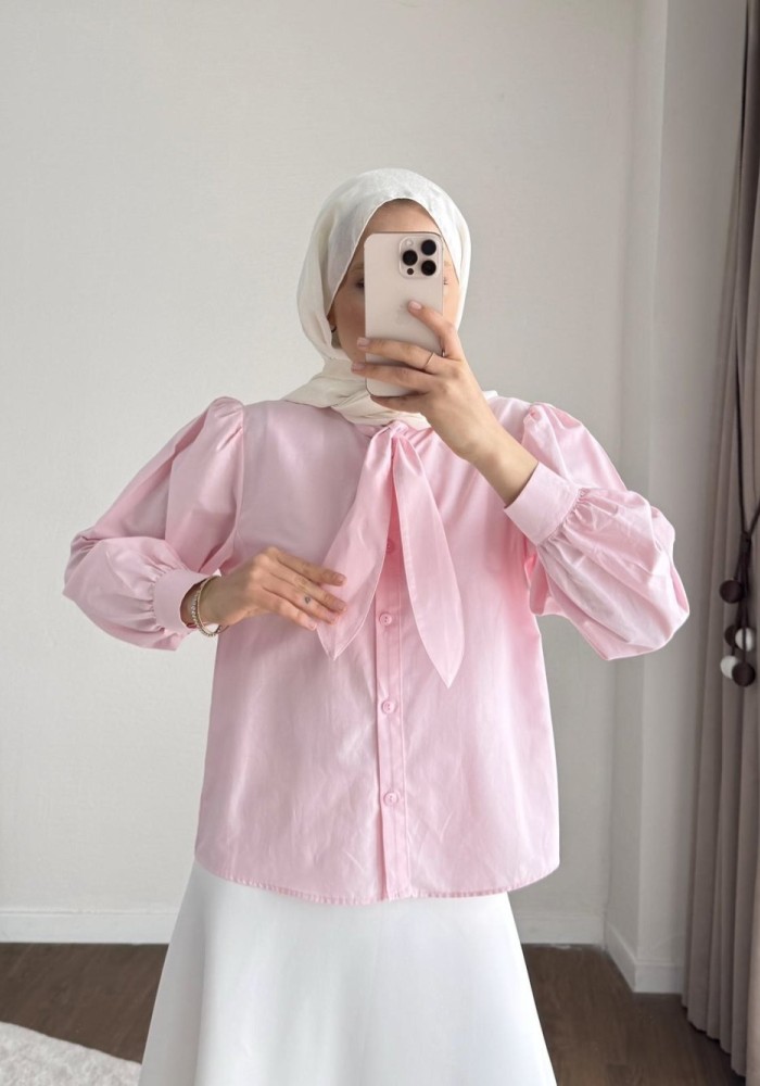 Yakası Bağcıklı Kısa Poplin Gömlek Pembe