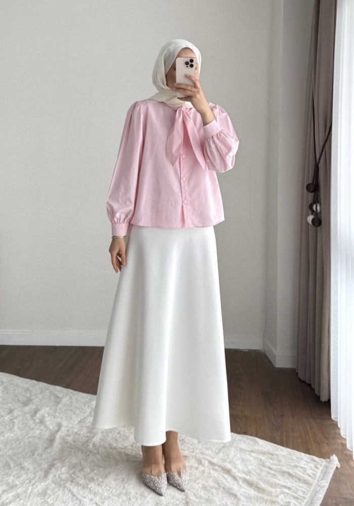 Yakası Bağcıklı Kısa Poplin Gömlek Pembe