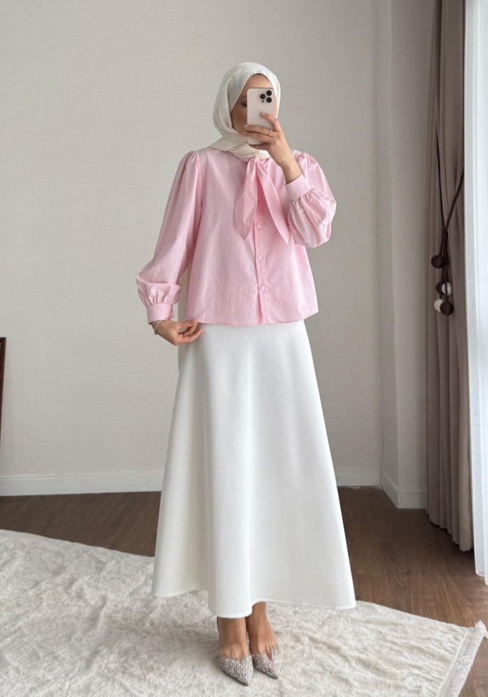 Yakası Bağcıklı Kısa Poplin Gömlek Pembe