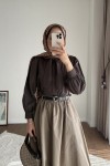 Yakası Bağcıklı Kısa Poplin Gömlek Acı Kahve