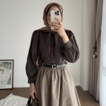 Yakası Bağcıklı Kısa Poplin Gömlek Acı Kahve